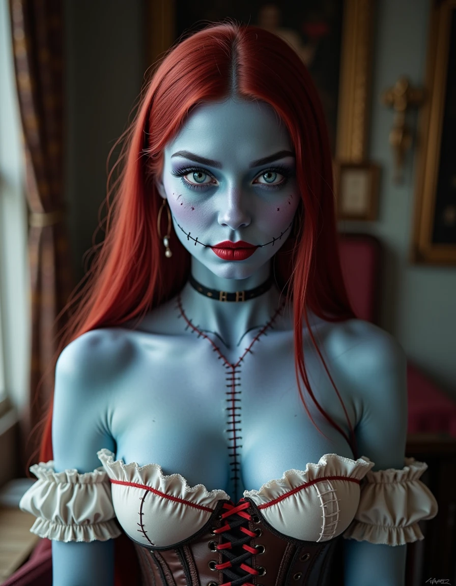 <lora:jhs-flux-ohwxsally-000010:1.5> ohwxsally,  stitches, blue skin, WEARING corset, high resolution photo