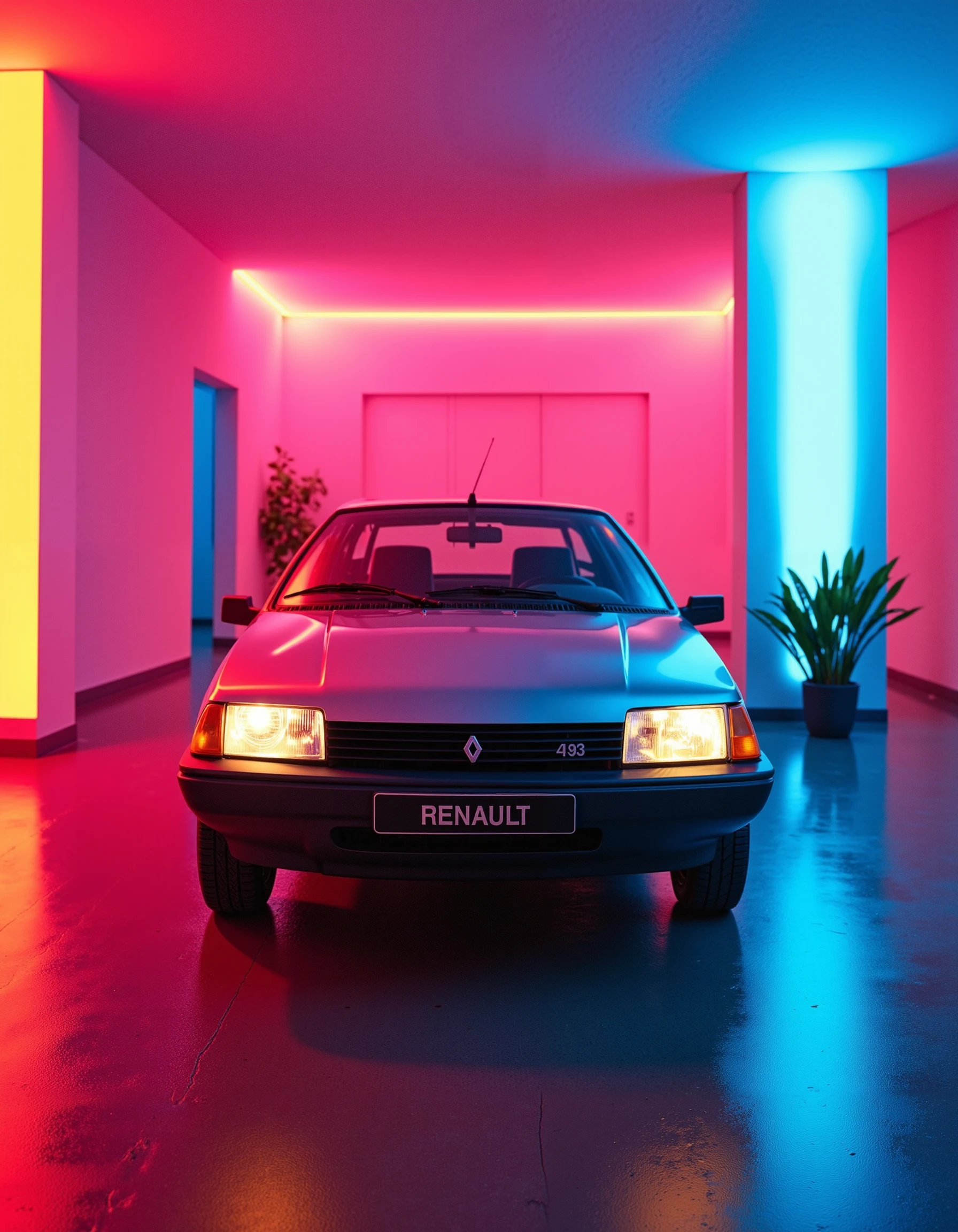 retrofuturistic cyberpunk shiny silver renaultfuego car in a liminal space illuminated by neon lights, 