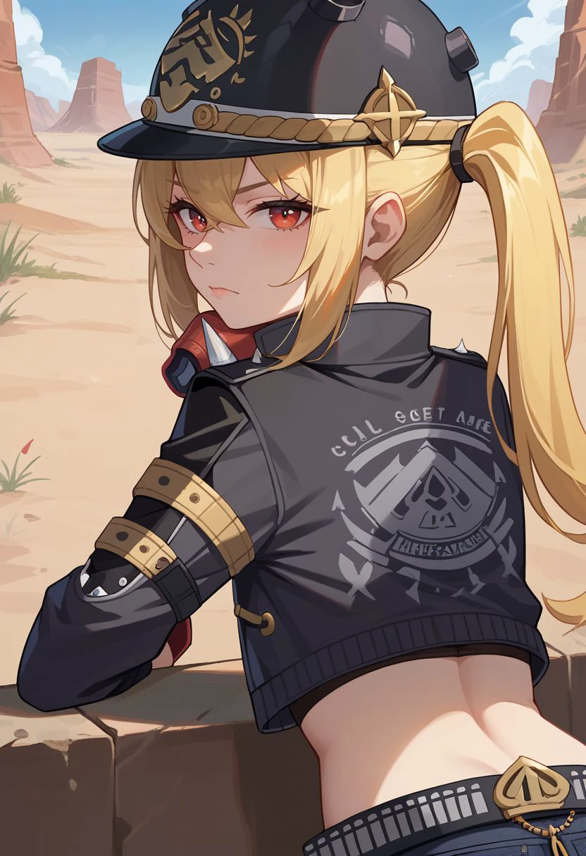 score_9, score_8_up, score_7_up, source_anime, 1girl, lucydef, red eyes, blonde hair, long hair, side ponytail, helmet, black headwear, mask around neck, black jacket, open jacket, cropped jacket, crop top, torn clothes, midriff, navel, long sleeves, black gloves, belt, short shorts, black shorts, denim shorts, fur trim, chain, standing, serious, closed mouth, looking at viewer, outdoors, desert, portrait, close-up, upper body, from behind, back, looking back, leaning forward, bent over, elbow rest, head rest, <lora:Lucy_v1-000010:1>