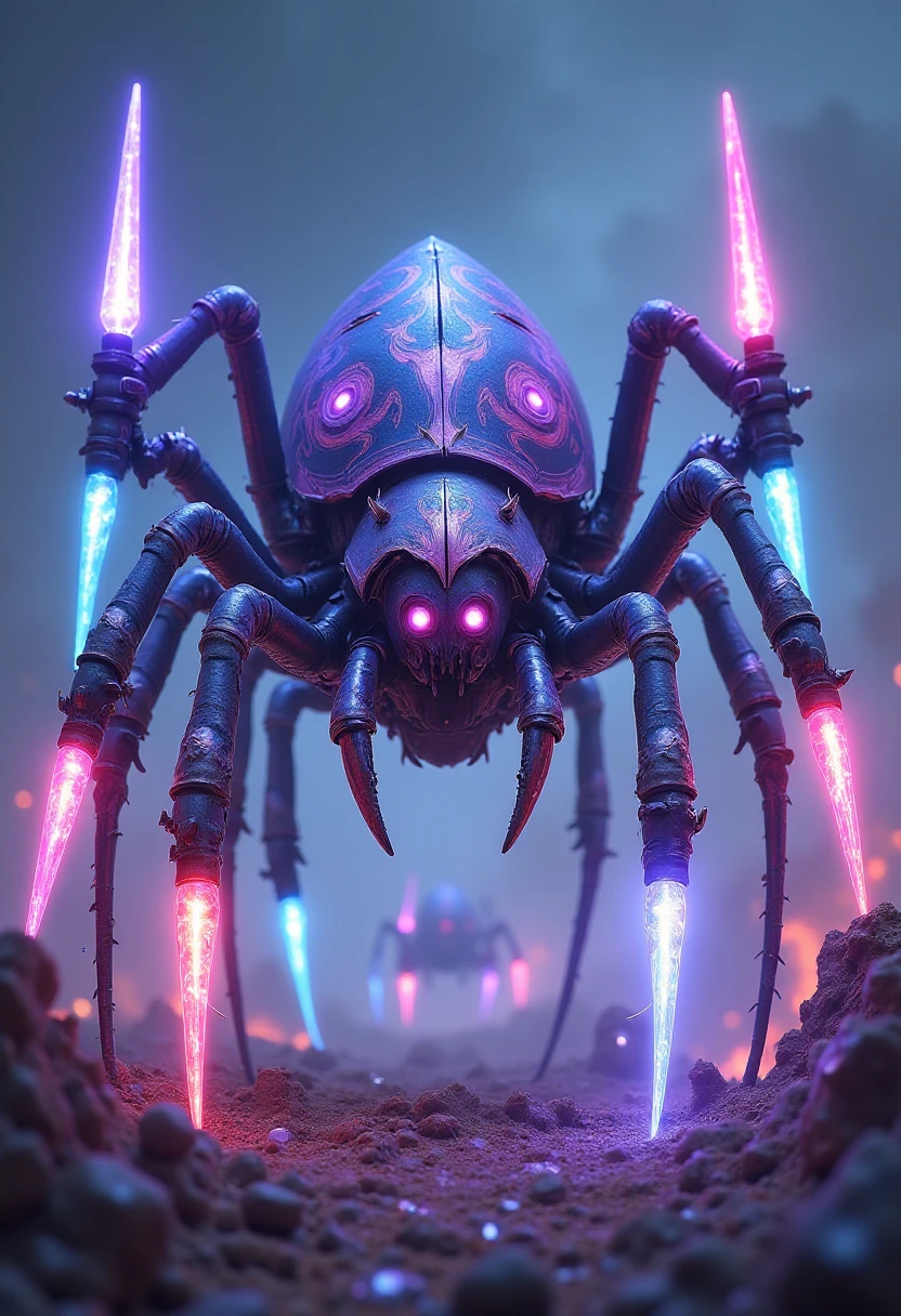 An ultraviolet spider knight with eight legs, each holding a different colored energy sword. The spiderâs exoskeleton is painted in swirling, glowing colors, its eyes pulsing with multi-hued light. It stands over a crystalline battlefield, defending its territory from mechanical invaders. The artistic style evokes the sharp, intense detail of a sci-fi/fantasy book cover, with heavy influences from both cyberpunk and medieval fantasy. , InsectCommandos