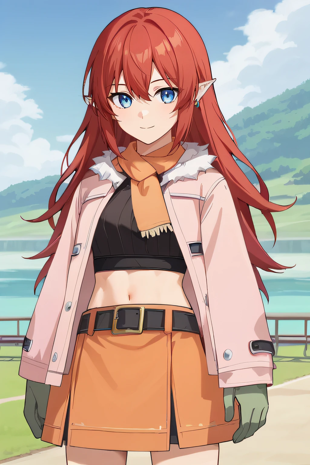 score_9, score_8_up, score_7_up, source_anime, rating_safe, intricate details, anime screencap, official style, 1girl, <lora:Raven:1>, toona, red hair, blue eyes, long hair, pointy ears, earring, black crop top, orange scarf, fur-trimmed jacket, open pink jacket, midriff, belt, orange skirt, thighs, green gloves, cowboy shot, looking at viewer, smile, outdoor, expressionless