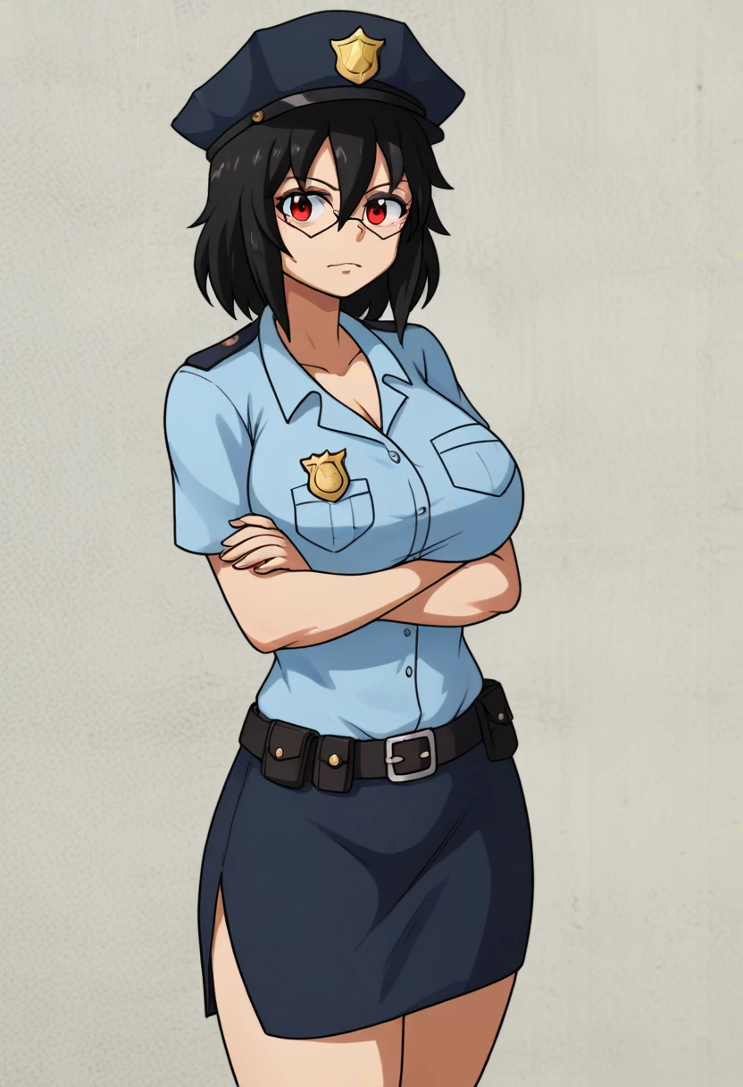 score_9, score_8_up, score_7_up, myCollege_helley, large breasts, glasses, police outfit, black hair, red eyes