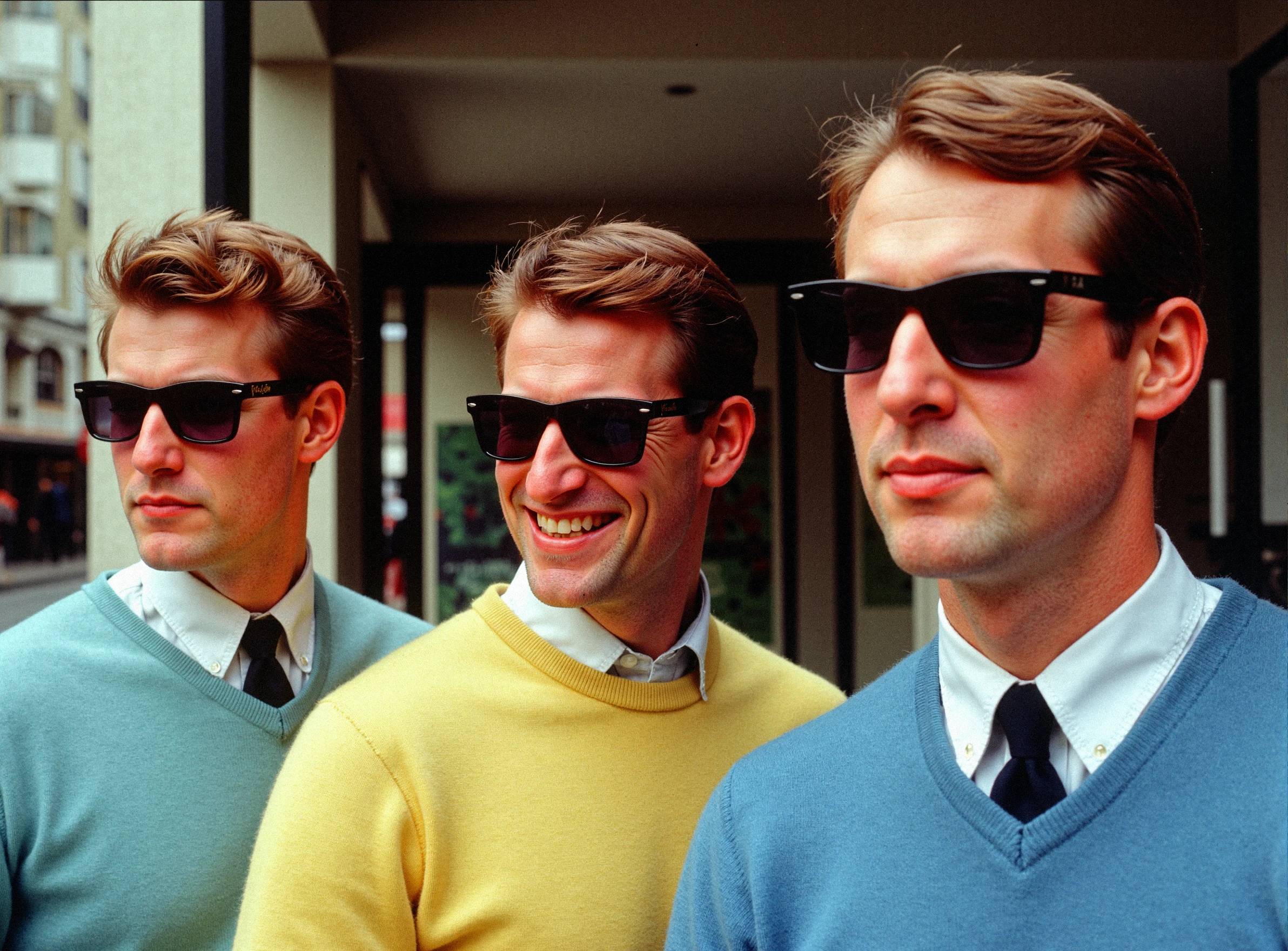 3ighti3s flmft closeup , a vintage catalog advertisement photograph for men's sunglasses, featuring 3 men, the men are each diverse with seperate looks for a fall catalog wearing sweaters ---shot with a sharp lens and commercial aesthetic professional details for a mail order catalog