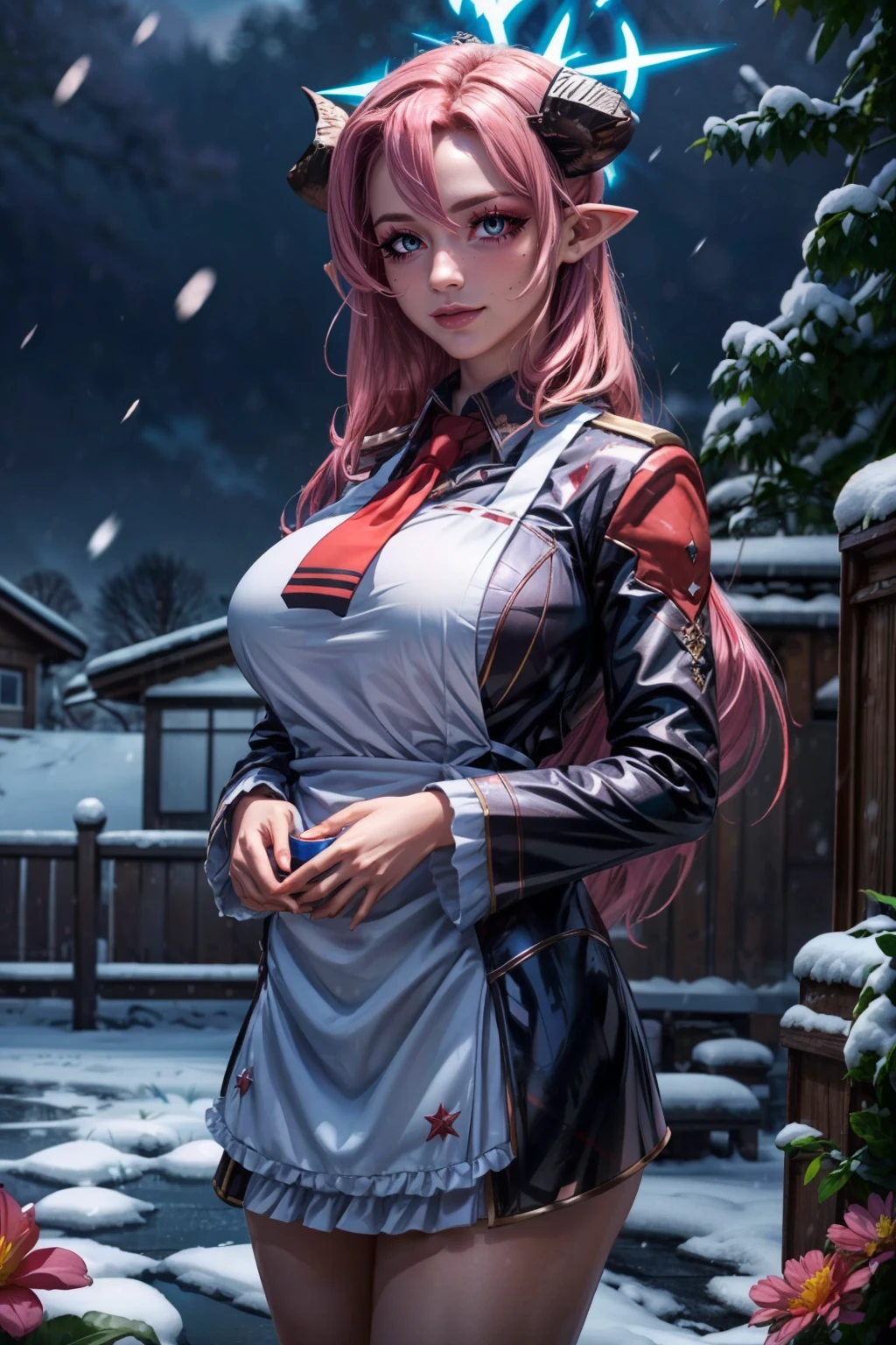 (ultra realistic,32k, masterpiece:1.2),(high detailed skin:1.1),( high quality:1.1), <lora:IllyasvielVonEinzbern_v1:0.7>, zzIllya, looking at viewer, night, outdoors, snowing, sky, BREAK,    <lora:Juri_BlueArchive_Citron:0.7>, zzJuri, horns, long hair, pink hair, pointy ears, hair between eyes, halo, breasts, demon horns, mole, very long hair, mole under eye, large breasts, green eyes smile, solo, long sleeves, white apron, holding, red necktie,   ,BREAK,  blooming stars, luminescent petals, otherworldly fragrance blurry background, (looking at viewer, standing:1.1), huge breast, large breast, <lora:add_detail:0.92>, (glowwave:1.1),