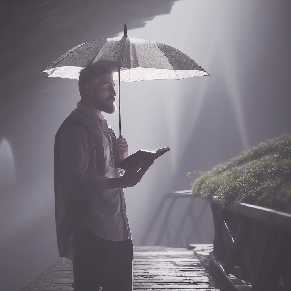 holding umbrella, black border, facial hair, light rays, book, shirt, plant, bridge