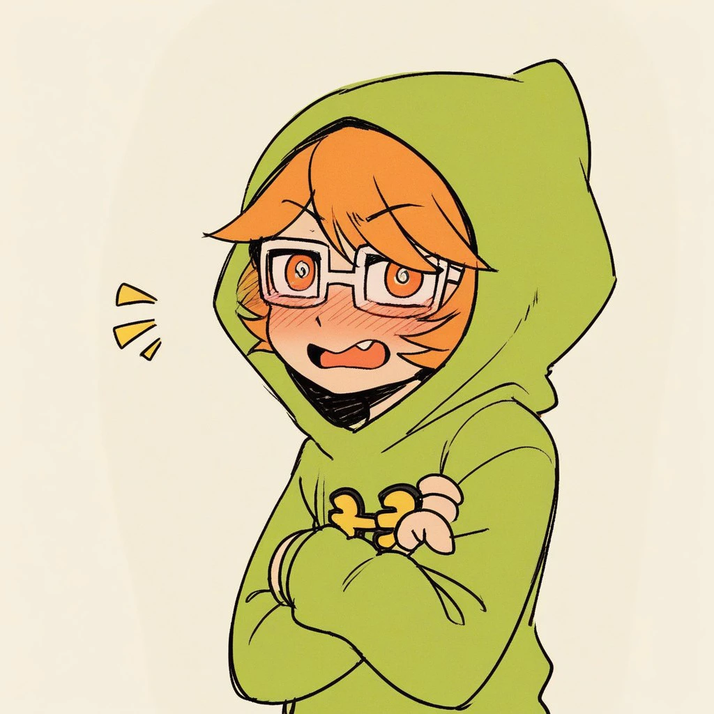 (masterpiece), best quality, expressive eyes, perfect face, score_9, score_8_up, score_7_up, score_6_up, looking at viewer, shy, blush, crossed arms, shocked, full face blush, open mouth, solo, orange hair, short hair, 1boy, yo-yo_jsr, ヨーヨー \(symbol\), hood up, green hoodie, red lenses, rectangular sunglasses, <lora:7f8e3d2c-e3e6-41de-8001-b890b8b0c987:0.8>