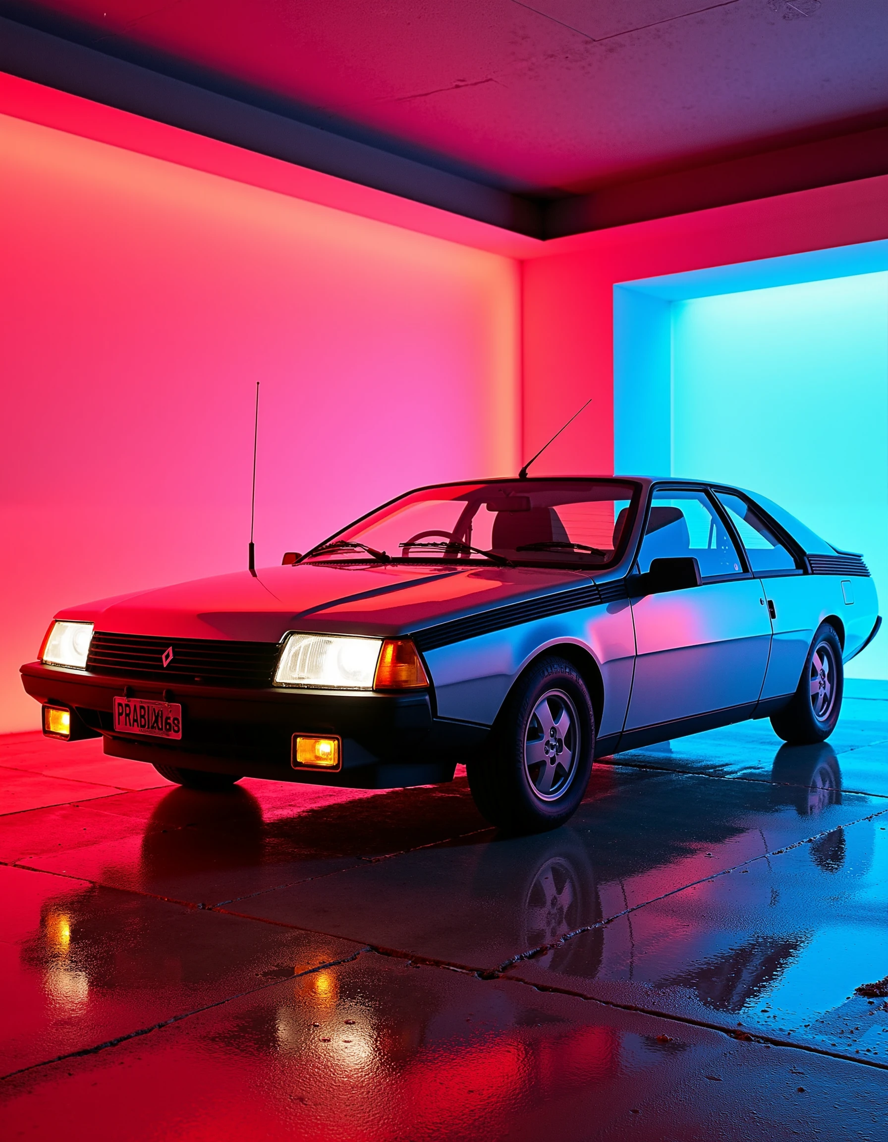 retrofuturistic cyberpunk shiny silver renaultfuego car in a liminal space illuminated by neon lights, 