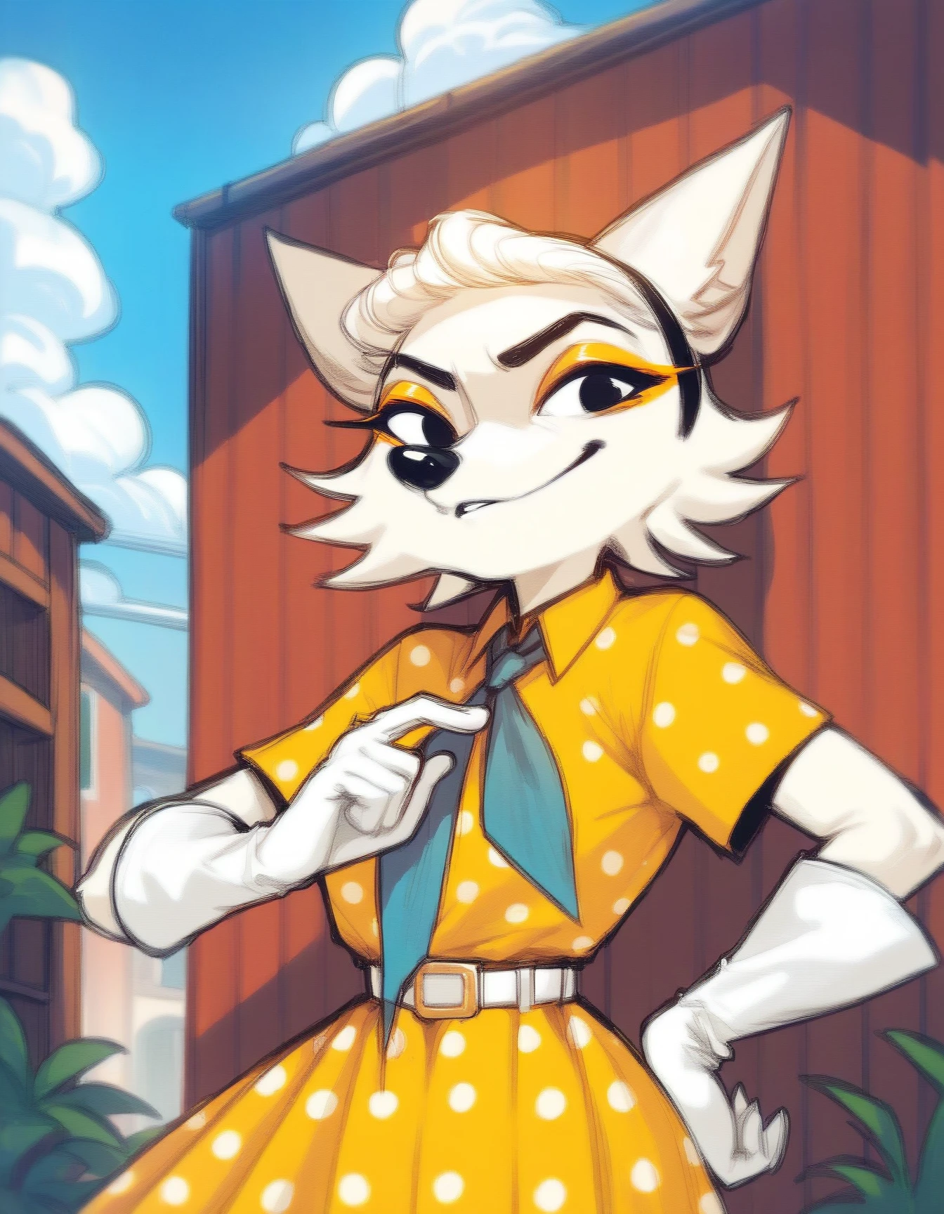 score_9, score_8_up, score_7_up, score_6_up, score_5_up, score_4_up, source_furry
Amelie, white fur, black eyes, white gloves, black nose, yellow shirt, yellow polka dot skirt, white waist belt, black bezel, slick back, orange makeup
 <lora:Amelie_XL:0.9>