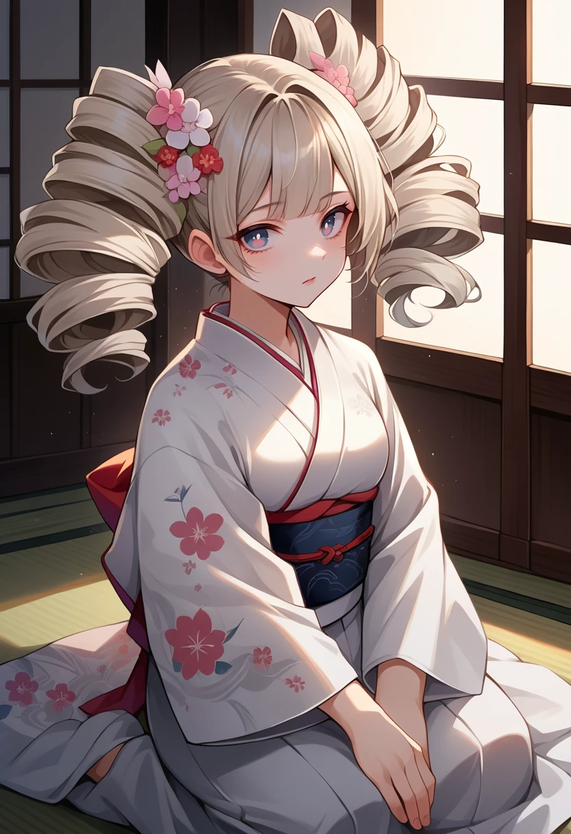 score_9, score_8_up, source_anime, 1girl, solo, ShiroToF, multicolored eyes, grey hair, twintails, twin drills, indoors, kimono, hair flower, floral print, wariza, kneeling, <lora:ChamShiroToFPonyXL:1>