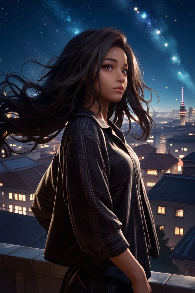 score_9, score_8_up, score_7_up, score_6_up
<lora:FFrey:0.8>
FFrey, 1girl, black hair, long hair, brown eyes, dark skin, looking at viewer, standing on a rooftop at night, city lights twinkling below, wind gently blowing hair, starry sky above, mysterious and enchanting ambiance