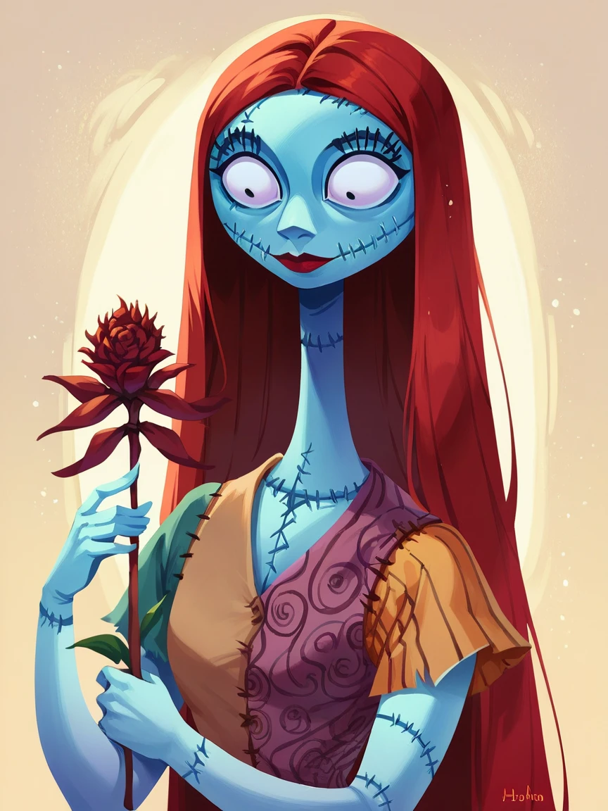 score_9, score_8_up, score_7_up, score_6_up, score_5_up,  <lora:sallyXLP:1> sally, 1girl, stitches, solo, blue skin, long hair, red hair, dress, holding flower