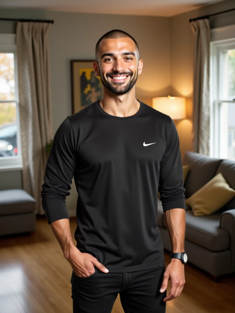 Adnan, buzzcut, standing in his living room. He smiles into camera and feels catched.