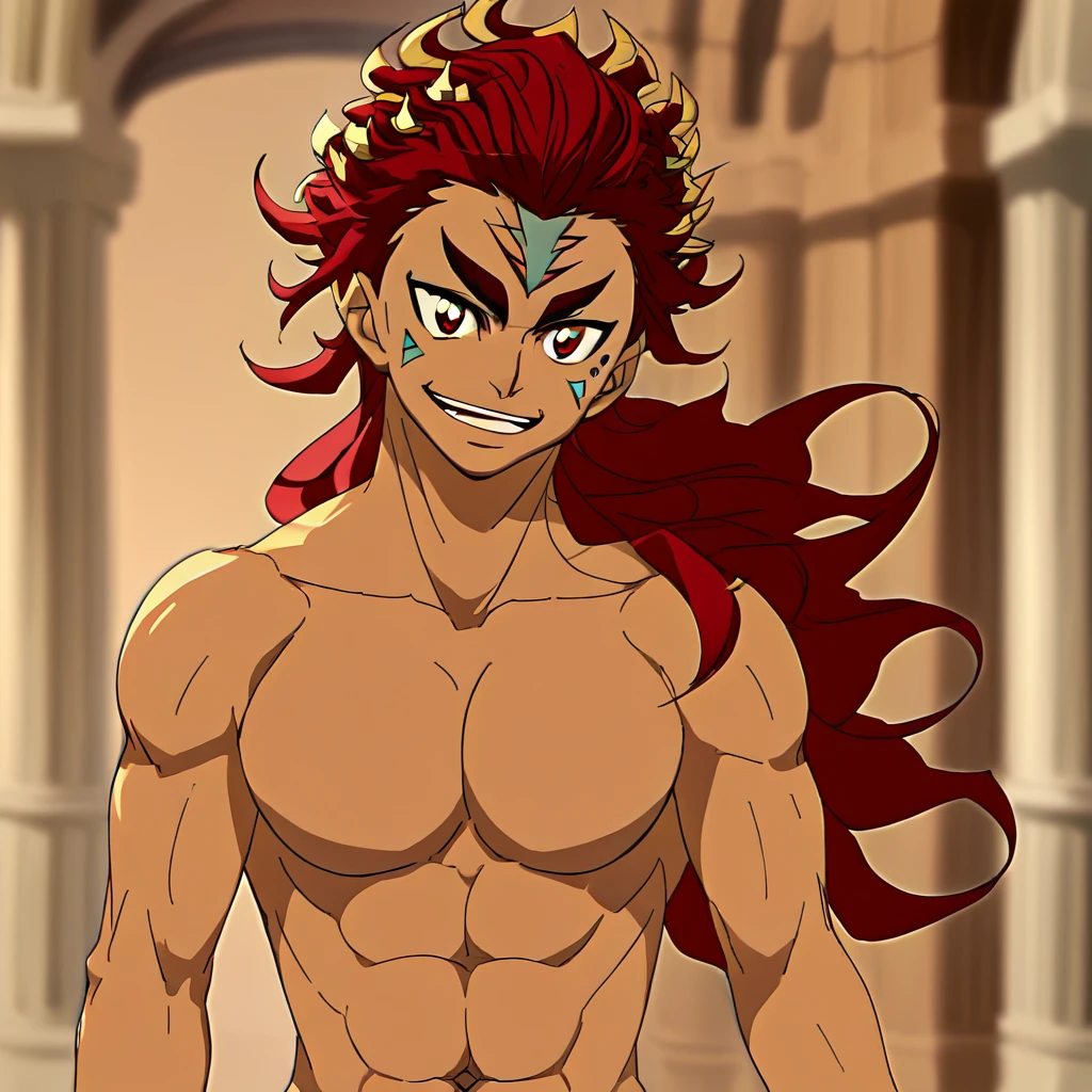 smile,1boy,solo,male,handsome,anime,muscular,rashad,facial mark,forehead mark,red hair,loose hair,dark skin,red eyes,upper body, nude,front,looking at viewer,collarbone,pectorals,abs,navel