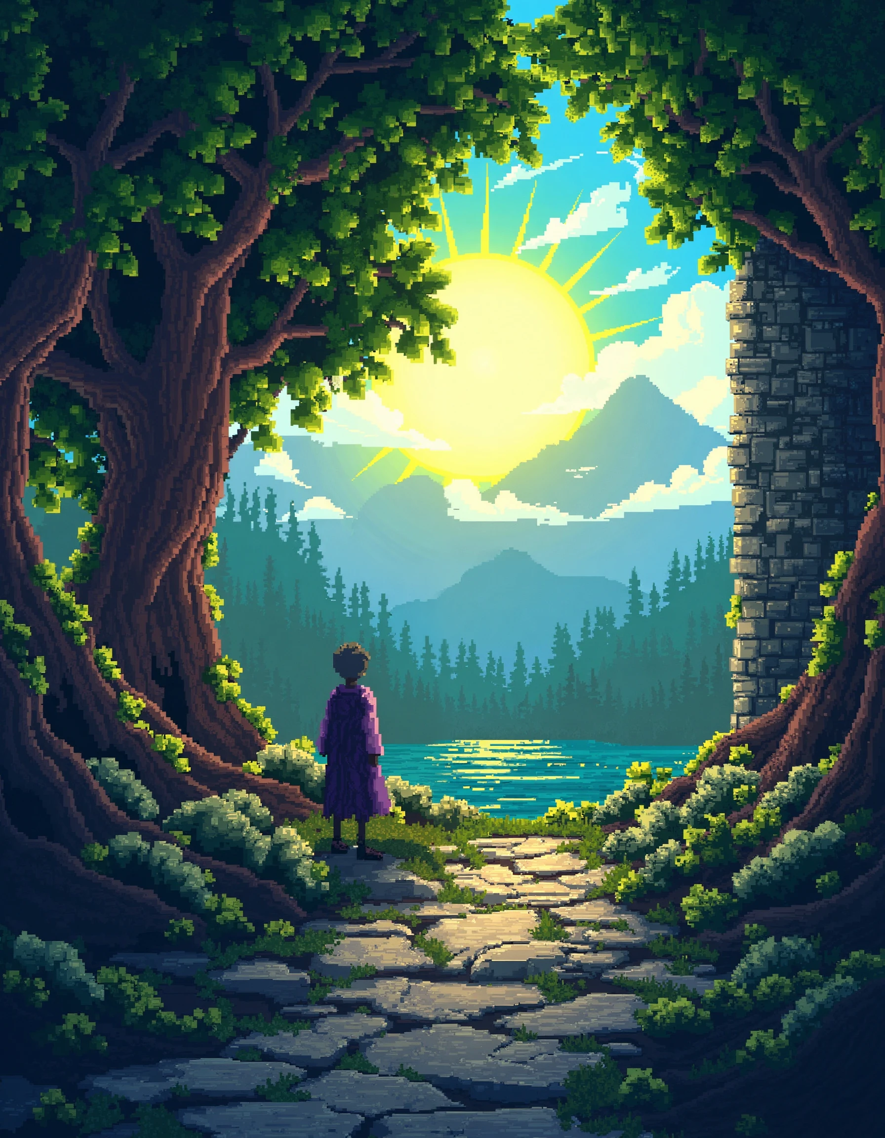 (ruins, broken, summer, dappled sunlight:1.2), sun, tree, forest, scenery, rock, reflection, water, ancient, overgrown, mountains, sunset, clouds, mountainous horizon, fantasy, medieval, 1other, looking away, cloak, (pixel art, pixelated:1.2), (masterpiece, exceptional, best aesthetic, best quality, masterpiece, extremely detailed:1.2), in the style of umempart