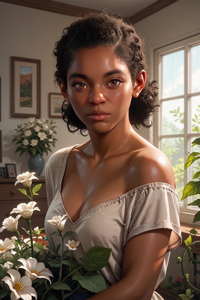 score_9, score_8_up, score_7_up, score_6_up
<lora:TLOURiley:1.0>
TLOURiley, 1girl, dark skin, black hair, brown eyes, looking at viewer, indoors, overgrowned, bedroom, flowers, white flowers, vines