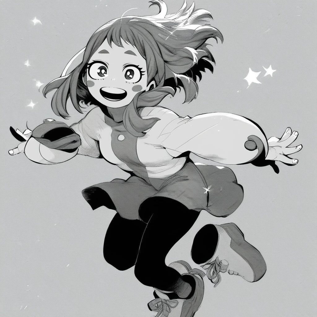 ochako_uraraka, 1girl,score_9, score_8_up, score_7_up, brown hair, brown eyes, white pupil, blush stickers, monochrome, greyscale, solo, pantyhose, smile, open mouth, short hair, shoes, looking at viewer, SKETCHSTYLE