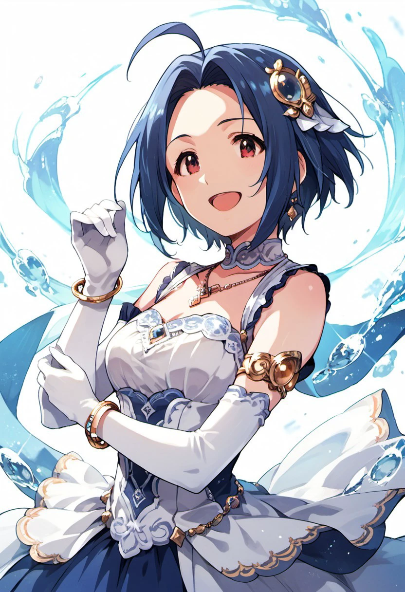 score_9, score_8_up, score_7_up, source_anime,miura azusa, blue hair, ahoge, short hair, red eyes, 1girl, gloves, elbow gloves, dress, jewelry, solo, hair ornament, bracelet, necklace, smile, open mouth, white gloves