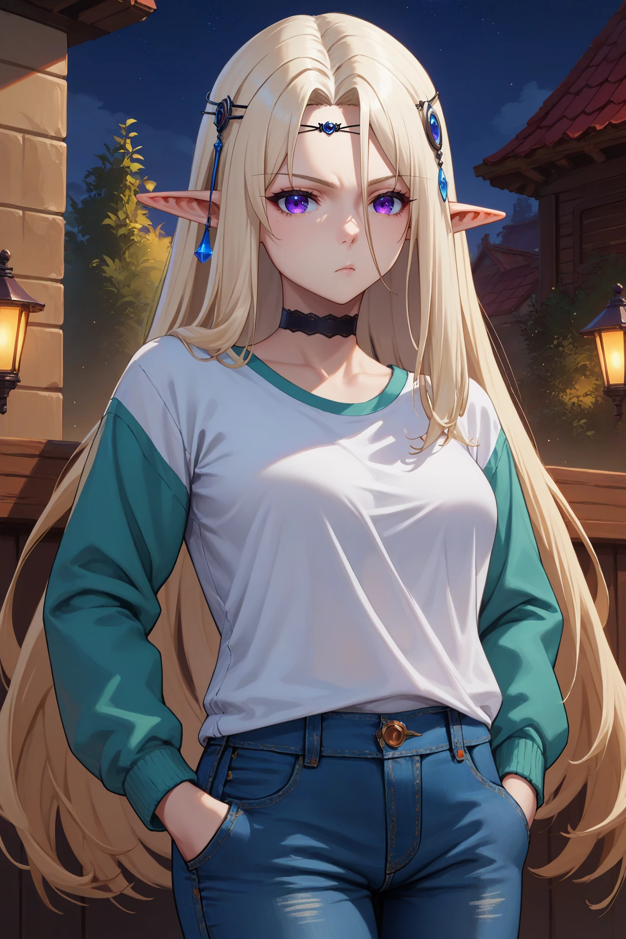 score_9, score_8_up, score_7_up, score_6_up, source_anime, 1girl, solo,  <lora:shbeatrix-pdxl-nvwls-v1-000006:1> shbtrx, light blonde hair, white hair, long hair, pointy ears, purple eyes, hair ornament, circlet, choker, grey t-shirt, jeans, medium breasts, looking at you, hands in pockets, bored, gas station, night, big breasts