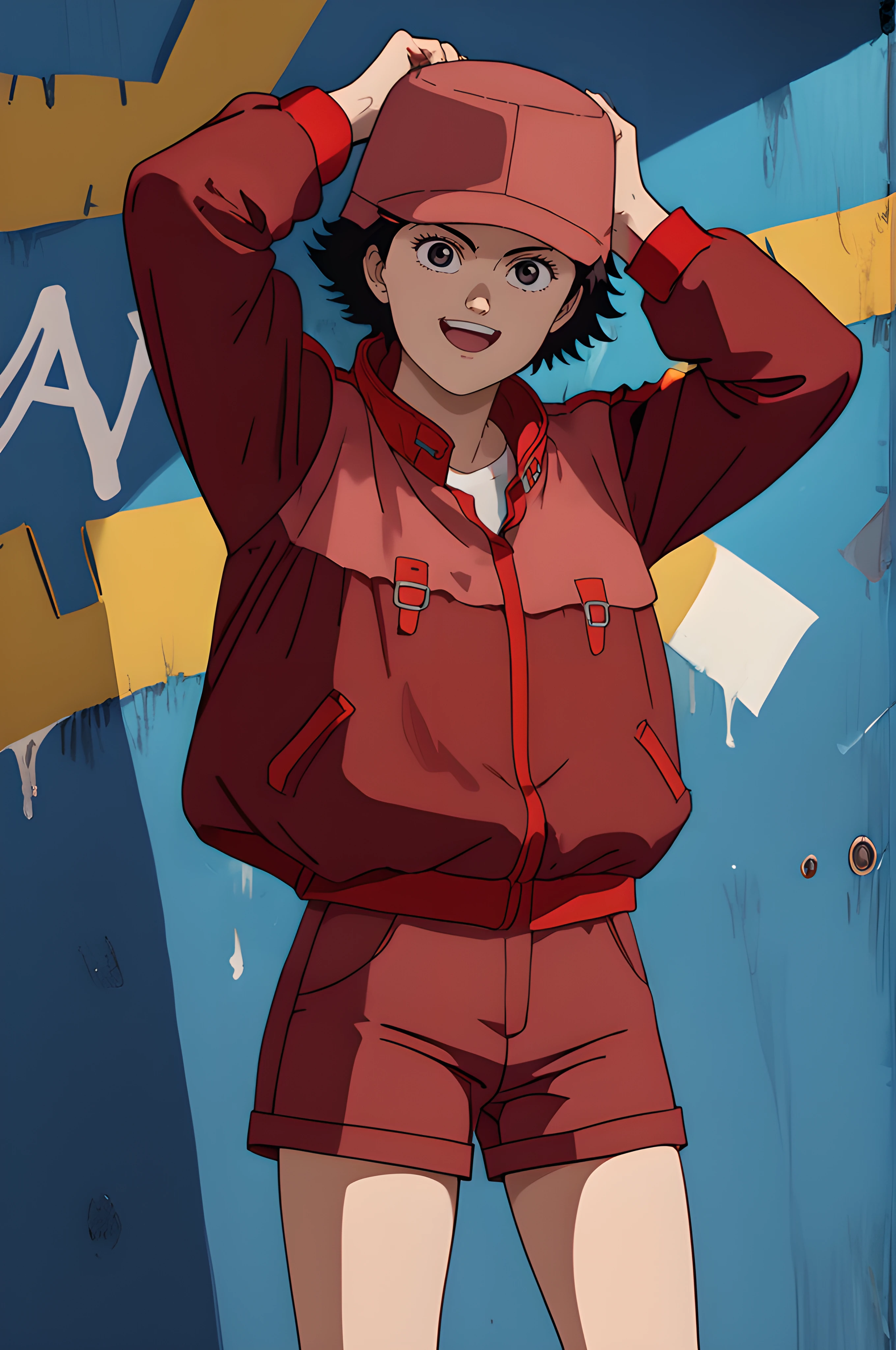 ak1rak3i, score_8_up, score_7_up, source_manga, rating_safe,  <lora:Kei_-_Akira_-_Pony:0.8> kei, girl, brown hair, short hair, dark eyes, happy expression, full body, red hat, red jacket, red shorts, hands raised, blue wall background with graffiti, dynamic pose