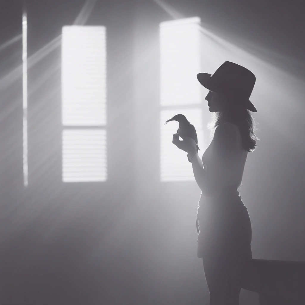 indoors, fruit, fedora, 1girl, depth of field, bird, ink, light rays