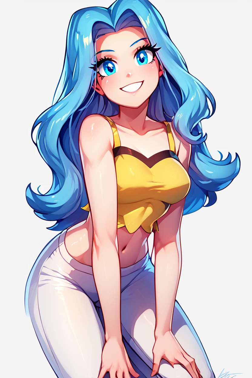 score_9, score_8_up, score_8, medium breasts, (curvy), cute, eyelashes,       BREAK, ,  zzKaren, blue eyes, blue hair, long hair, yellow crop top, white pants, high heels, <lora:Karen_Pokemon_PDXL_Citron:0.8>, , BREAK, looking at viewer,  smile, upper body, leaning forward, head tilt,  embedding:zPDXL, Expressiveh, <lora:theButcherXPDXL:1.0>, <lora:CatalystStylePDXL:0.6>,  <lora:SDXLFaeTastic2400:0.5>,  <lora:Expressive_H-000001:0.4>,