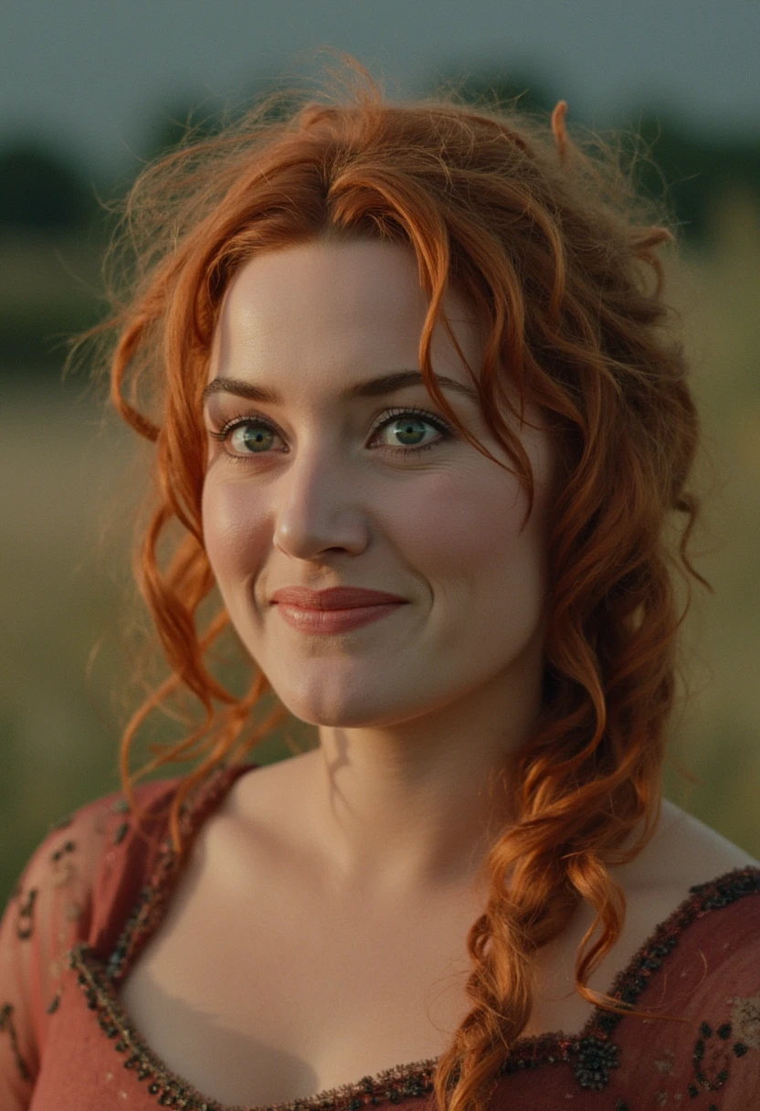 subtle grain, cinematic quality, professional portrait of kate winslet, dress, makeup, red hair, fine art photography, film still, movie scene, outdoors, smile,