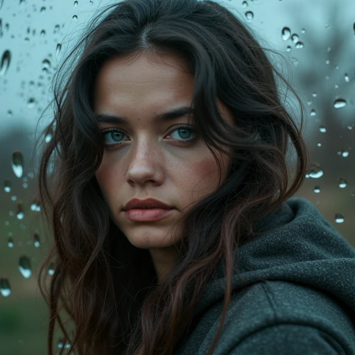 a woman behind rain on glass