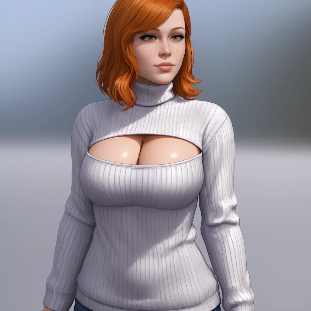 <lora:batgirlgothamknights_pony_v1:.8>BarbaraNoMaskNudeGothamKnights, 1girl, large breasts, freckles, lips, nose, orange medium hair, cowboy shot, <lora:open-chest-sweater-ponyxl-lora-nochekaiser:1> open-chest sweater, ribbed sweater, cleavage cutout, meme attire, clothing cutout, turtleneck, sweater dress, cleavage, clothes tug, sweater pull, cleavage reach,