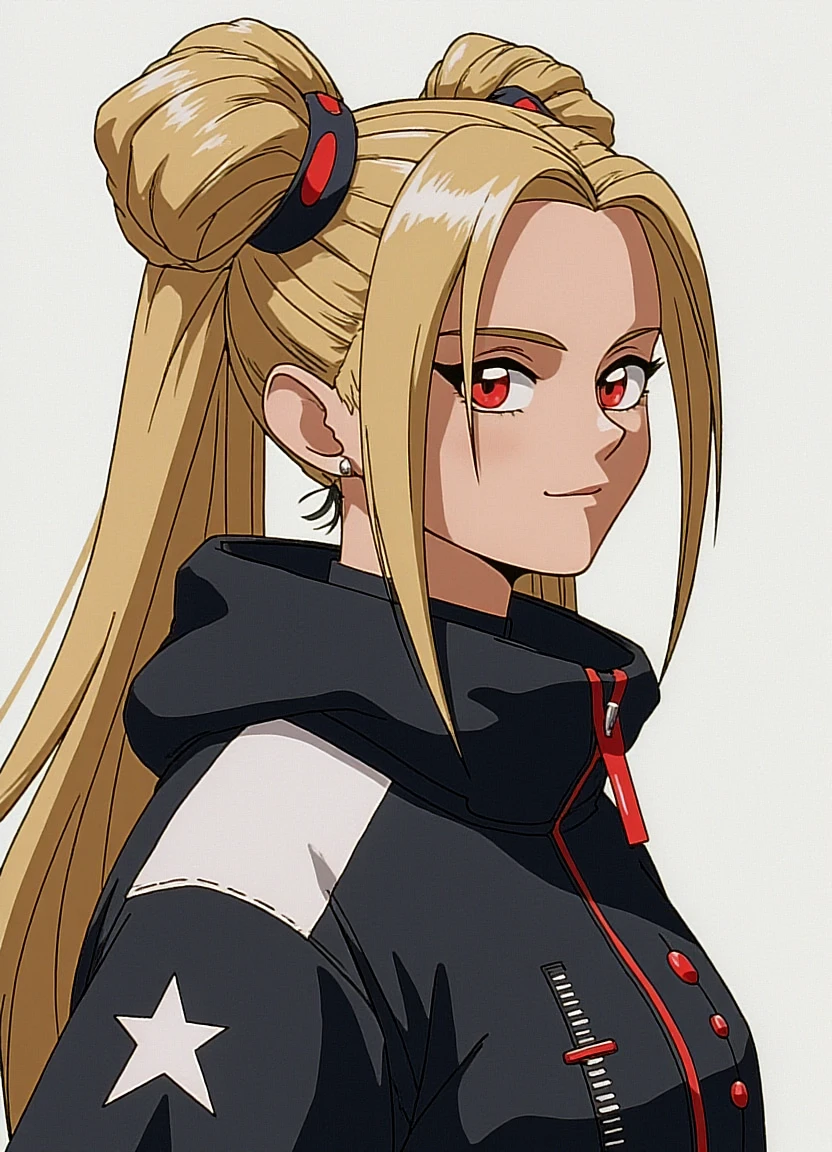 tenchi_style a woman long blonde hair in buns wearing black and white techwear with red accents