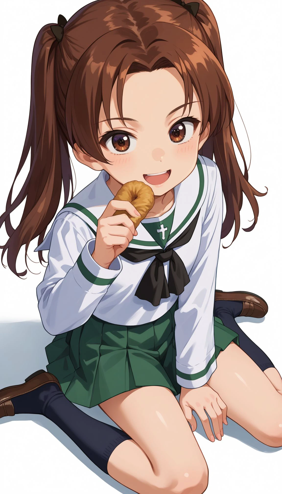 score_9, score_8_up, score_7_up, source_anime,
 <lora:Kadotani Anzu:1> 1girl, kadotani anzu, ooarai school uniform, twintails, brown hair, brown eyes, sitting, green skirt, pleated skirt, serafuku, sweet potato, open mouth, long hair, smile, black socks, white shirt, shoes, parted bangs, long sleeves, looking at viewer, white background, miniskirt, black neckerchief, blouse, kneehighs, foreshortening, simple background, holding food, from above, :d, uwabaki, star (symbol), hair ornament, hair bow, hair ribbon