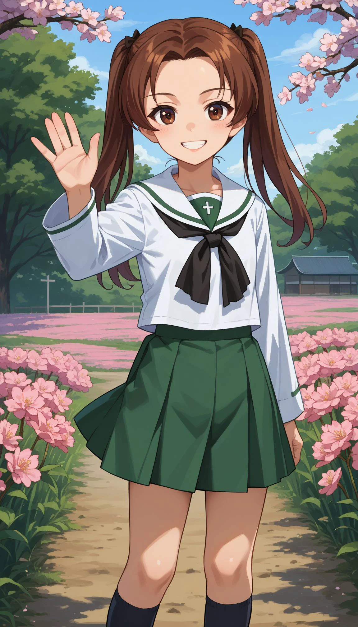 score_9, score_8_up, score_7_up, source_anime,
,outdoors,cherry blossoms,standing,cowboy shot,smile,waving, flower field,
 <lora:Kadotani Anzu:1> 1girl, kadotani anzu, long hair, twintails, brown hair, parted bangs, brown eyes, hair ribbon, ooarai school uniform,white sailor collar,black neckerchief,white shirt,long sleeves,green skirt,black socks,loafers