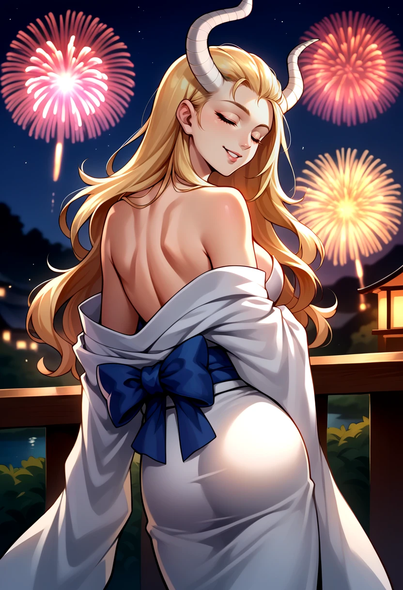 score_9, score_8_up, score_7_up, source_anime, BREAK, solo, 1girl smile, looking at viewer, <lora:Isthar-pdxl_Fp:1>, istharsmt, horns, blonde hair, long hair, closed eyes, from behind, kimono, off shoulder, night, fireworks,