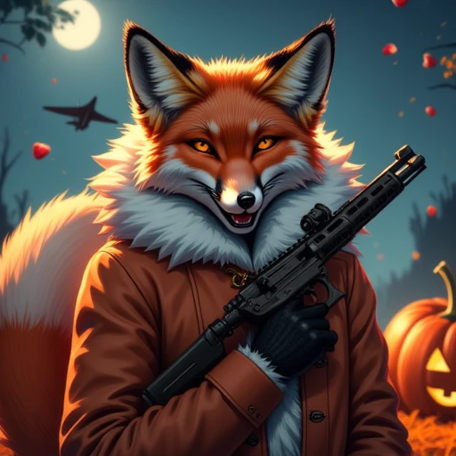 fox, aircraft, collar, zipper, female focus, holding weapon, strawberry, gun, jack-o'-lantern, jewelry