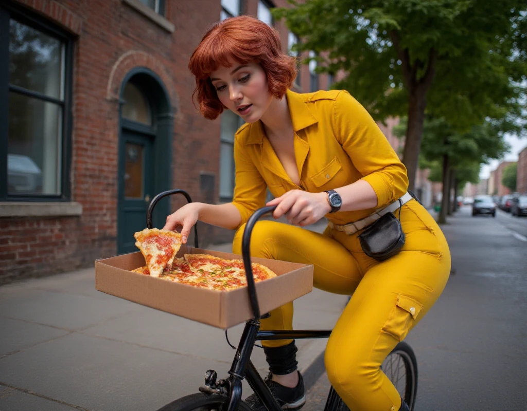 April wears a jumpsuit and is delivering pizza on a bicycle <lora:April:0.9>