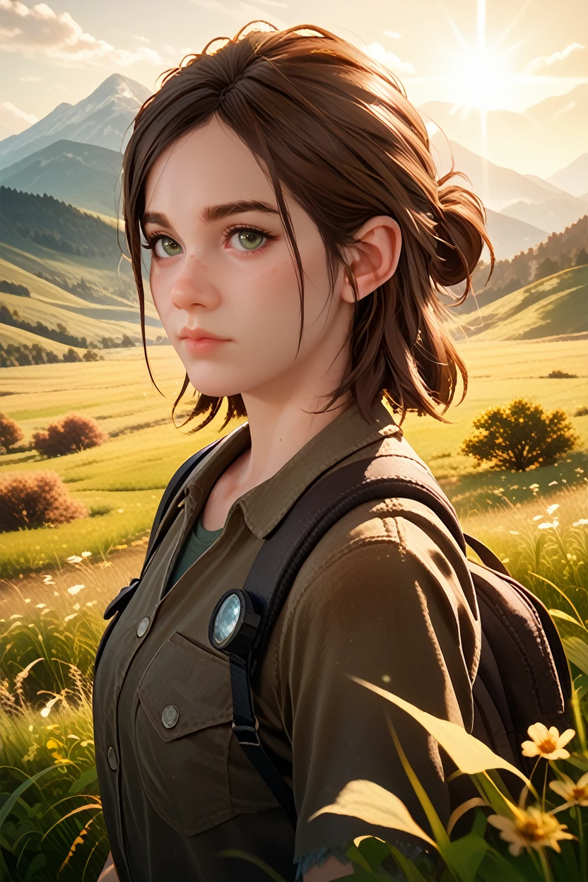 score_9, score_8_up, score_7_up, score_6_up
<lora:TLOU2Ellie:0.8>
TLOU2Ellie, 1girl, brown hair, green eyes, looking at viewer, standing in a field during the golden hour, hand gently brushing through tall grass, mountains in the distance, warm sunlight casting a glow, serene and connected to nature