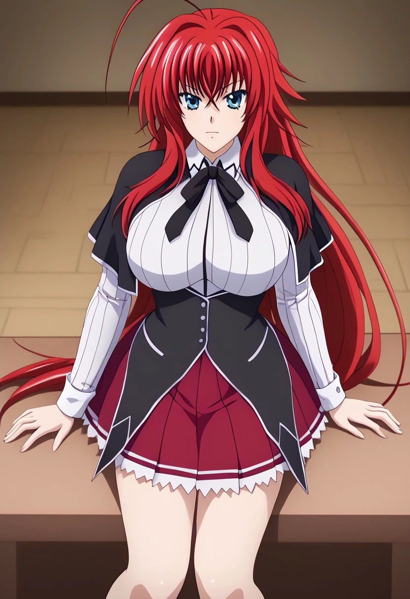 safe_pos, Masterpiece, best quality, high quality, highres, 4k, detailed face, poro style, rias gremory, red hair, blue eyes, long hair, ahoge, large breasts, kuohacademy, school uniform, black capelet, white shirt, black ribbon, neck ribbon, long sleeves, corset, red skirt, pleated skirt,