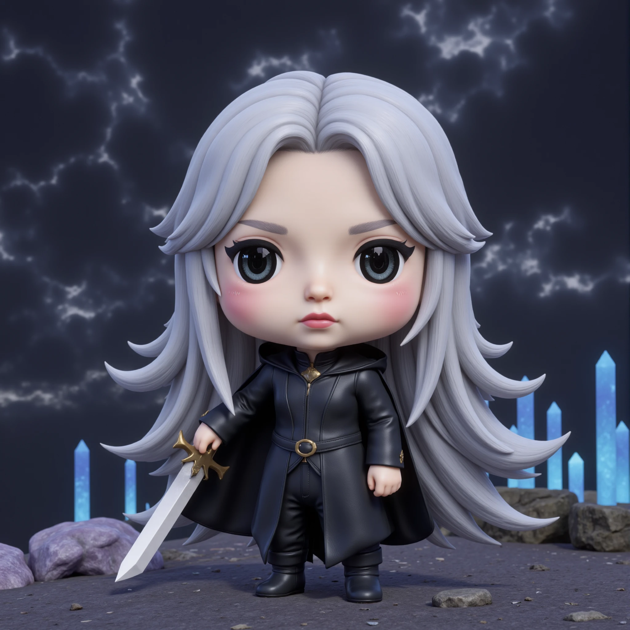 <lora:AntiBlur:3>, <lora:Unreal_Engine_Render_Style:0.5>,  <lora:World of Final Fantasy:1>, WOFinalFantasy
A hyper-realistic unreal engine render inspired by the art style of World of Final Fantasy.
A chibi-style version of Sephiroth from Final Fantasy VII. Sephiroth should have his signature long silver hair, exaggerated and flowing dramatically behind him, but in a more playful, cartoonish manner. He wears his iconic black leather coat, simplified with exaggerated proportions that add to the cute aesthetic. His long, slender Masamune sword is oversized, yet fits perfectly with his small, chibi body. Despite the adorable style, his expression should still capture a sense of calm menace, with his big, round eyes glowing slightly. The background features a fantasy-inspired setting, with swirling dark clouds and floating crystal formations, giving a mystical yet charming vibe. The overall look combines Sephiroth's dark, intimidating presence with a light-hearted, playful aesthetic that fits the World of Final Fantasy style.