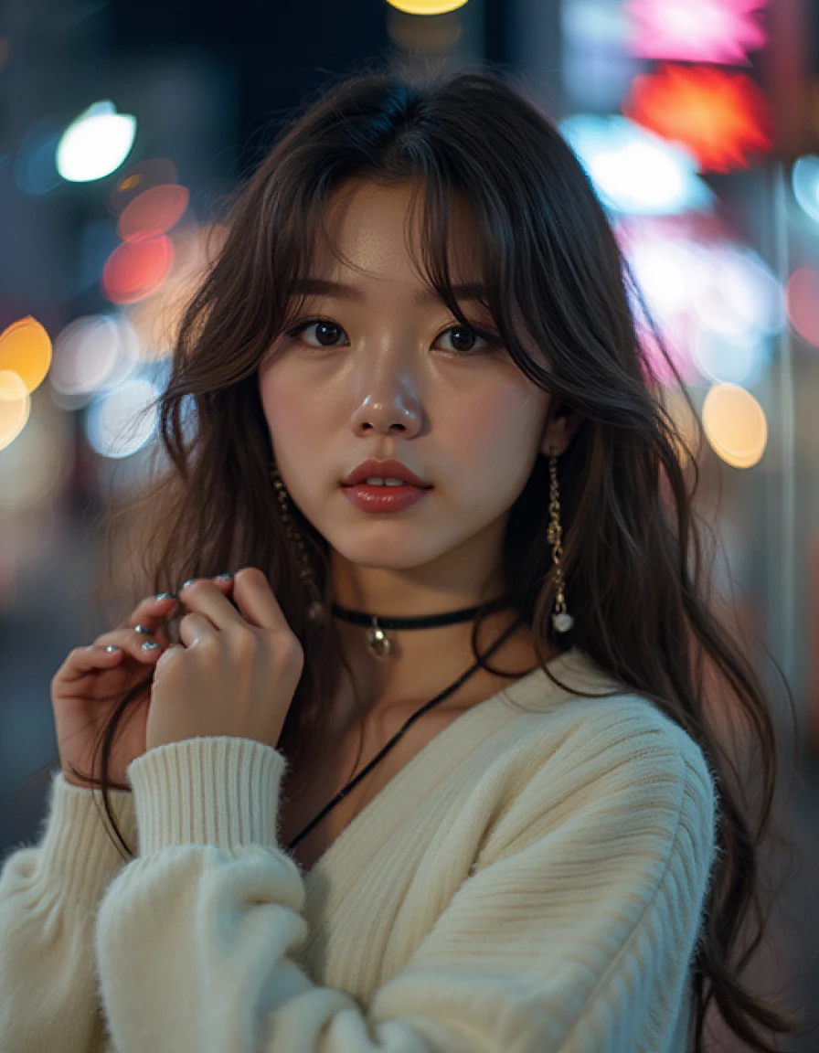 In a breathtakingly rendered 8K masterpiece, a stunning 22-year-old J-pop girl is captured in an ultra-realistic portrait photo. She wears a white cardigan and her flowing long hair cascades down her back as she runs her hand through it. Her piercing eyes and pouty lips are highlighted by hard shadows, creating a sense of depth. A choker adorns her neck, and earrings add a touch of elegance. Her pale skin glows under the subtle lighting. In the background, the night street hums with activity, set against a starry bokeh that adds to the overall dreamlike ambiance, perfect for an Instagram-worthy snap.
<lora:hinaFluxPetzval85ArtLenLora_v1-rev1:0.7>