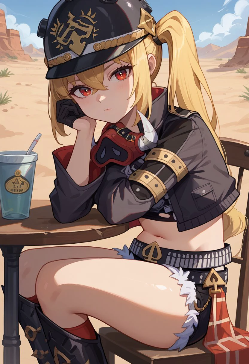 score_9, score_8_up, score_7_up, source_anime, 1girl, lucydef, red eyes, blonde hair, long hair, side ponytail, helmet, black headwear, mask around neck, black jacket, open jacket, cropped jacket, crop top, torn clothes, midriff, navel, long sleeves, black gloves, belt, short shorts, black shorts, denim shorts, fur trim, chain, black footwear, knee boots, high heel boots, sitting, chair, table, head rest, elbow rest, serious, closed mouth, looking at viewer, outdoors, desert, portrait, close-up, upper body, facing viewer, <lora:Lucy_v1-000010:1>