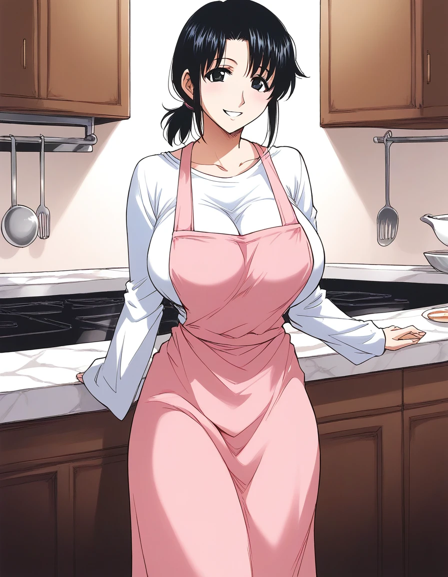 score_9, score_8_up, score_7_up, source_anime, rating_explicit, BREAK  <lora:Shizuna_Famicon._XL:1> Shizuna, short hair, black hair,  large breasts, 
solo, smile, parted lips,  low ponytail, long sleeve, pink apron, long skirt,
looking at viewer,
kitchen, room,