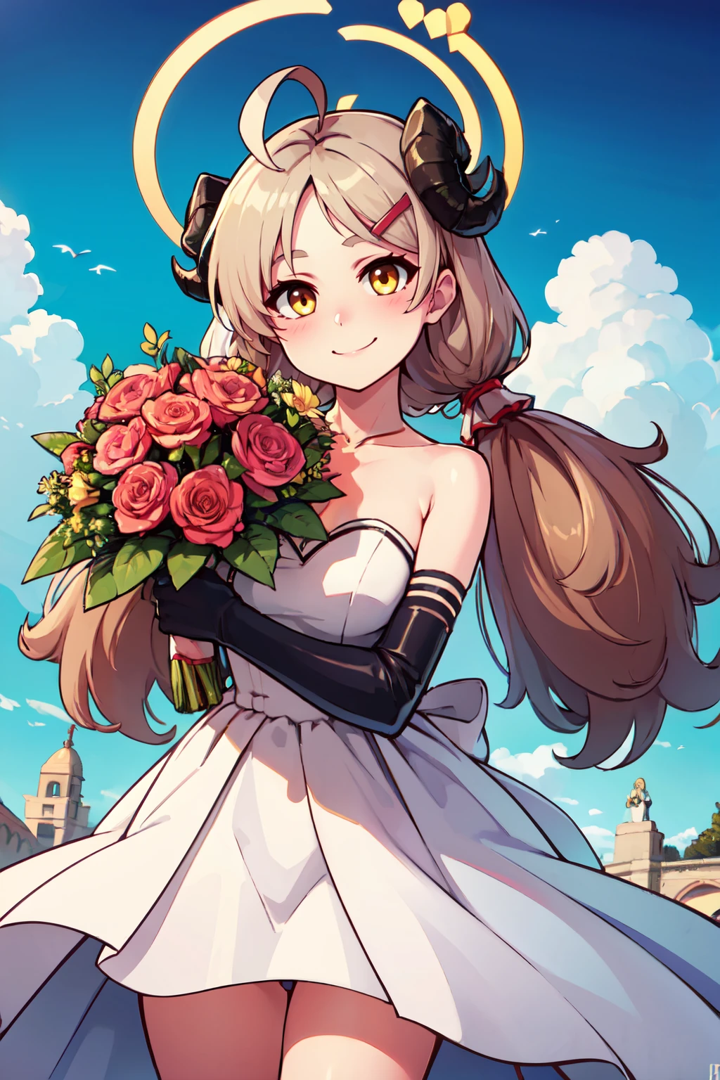 ((masterpiece,best quality)), absurdres,  BREAK, , <lora:Izumi_BlueArchive_Citron:0.8>, zzIzumi, horns, long hair, hair ornament, hairclip, halo, ahoge, yellow eyes, twintails, brown eyes black gloves, low twintails, , BREAK, bride, wedding dress, bridal veil, strapless dress, elbow gloves, holding bouquet,, BREAK, solo, smile, looking at viewer, cowboy shot,