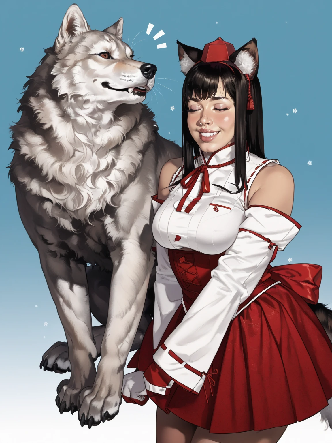 <lora:LorenaLuvs:0.8>, l0rena_luvs, adult woman,, black hair, long hair, lips, large breasts, makeup, eyelashes, brown eyes,
animal_ear_fluff animal_ears animal_hands black_skirt blush breasts closed_eyes cowboy_shot detached_sleeves gloves hair_between_eyes hat medium_breasts notice_lines open_mouth paw_gloves pom_pom_(clothes) red_hat red_skirt ribbon-trimmed_sleeves ribbon_trim shirt short_hair simple_background skirt sleeveless sleeveless_shirt smile solo tail tokin_hat two-tone_skirt white_background white_hair white_shirt white_sleeves wolf_ears wolf_girl wolf_tail
, <lora:dima_ivanov_-_thirstyhours:0.8>, zPDXL3, score_9, score_8_up, score_7_up, score_6_up, score_5_up, score_4_up, realistic, real, hyper realistic, (source_real)