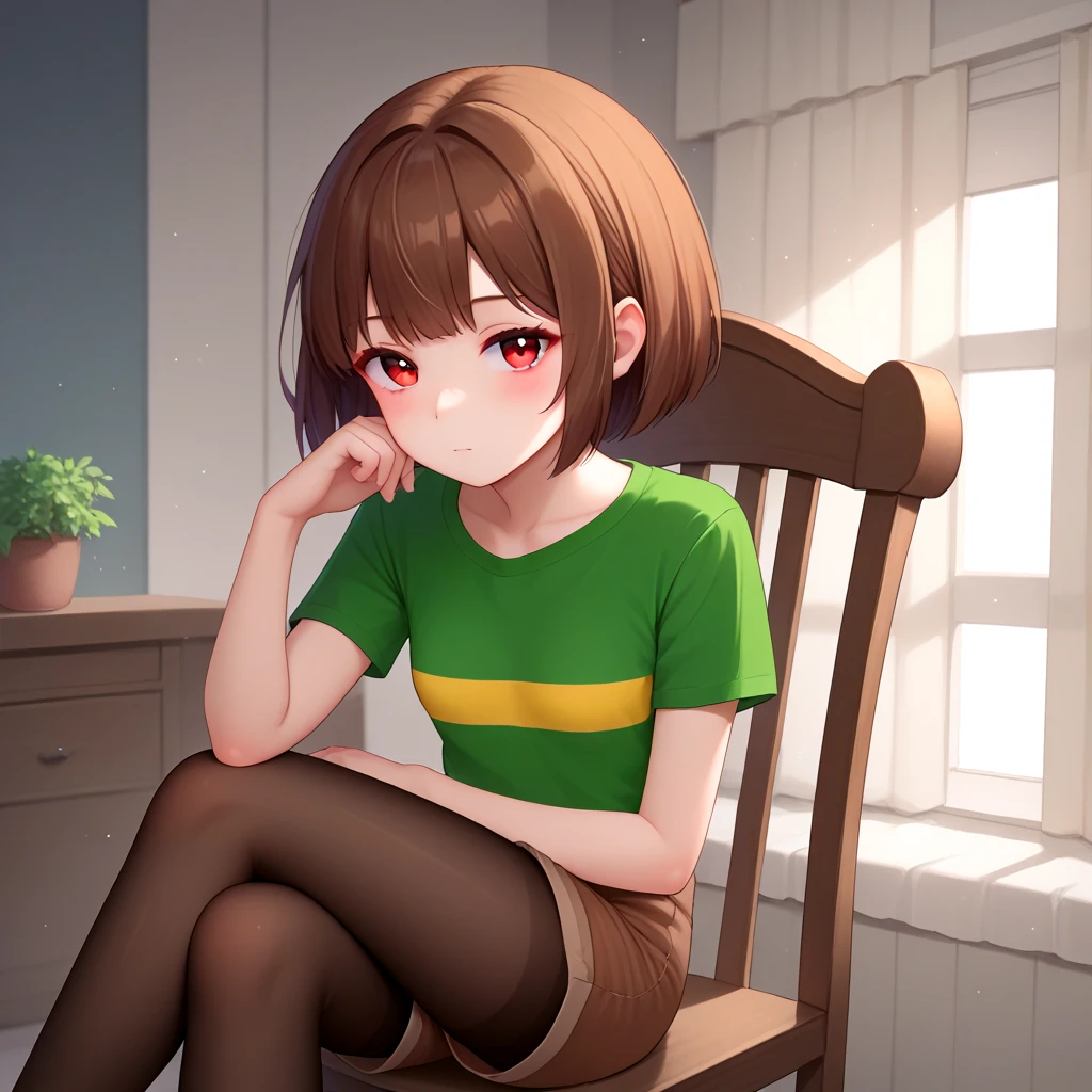 solo, 1girl, <lora:charalora:0.9>, solo, green shirt, short sleeves, yellow striped, red eyes, brown hair, short hair, brown shorts, shorts, black pantyhose, pantyhose, head rest, head on hand,
<lora:STYL-Expressive_H-000001:0.1>,
<lora:STYL-style_blend_25d_528_d32:0.4>, <lora:STYL-Smooth Anime Style LoRA XL:0.2>, BREAK
score_9, score_8_up, score_7_up, beautiful background, indoor, bedroom, on chair, cross legs,