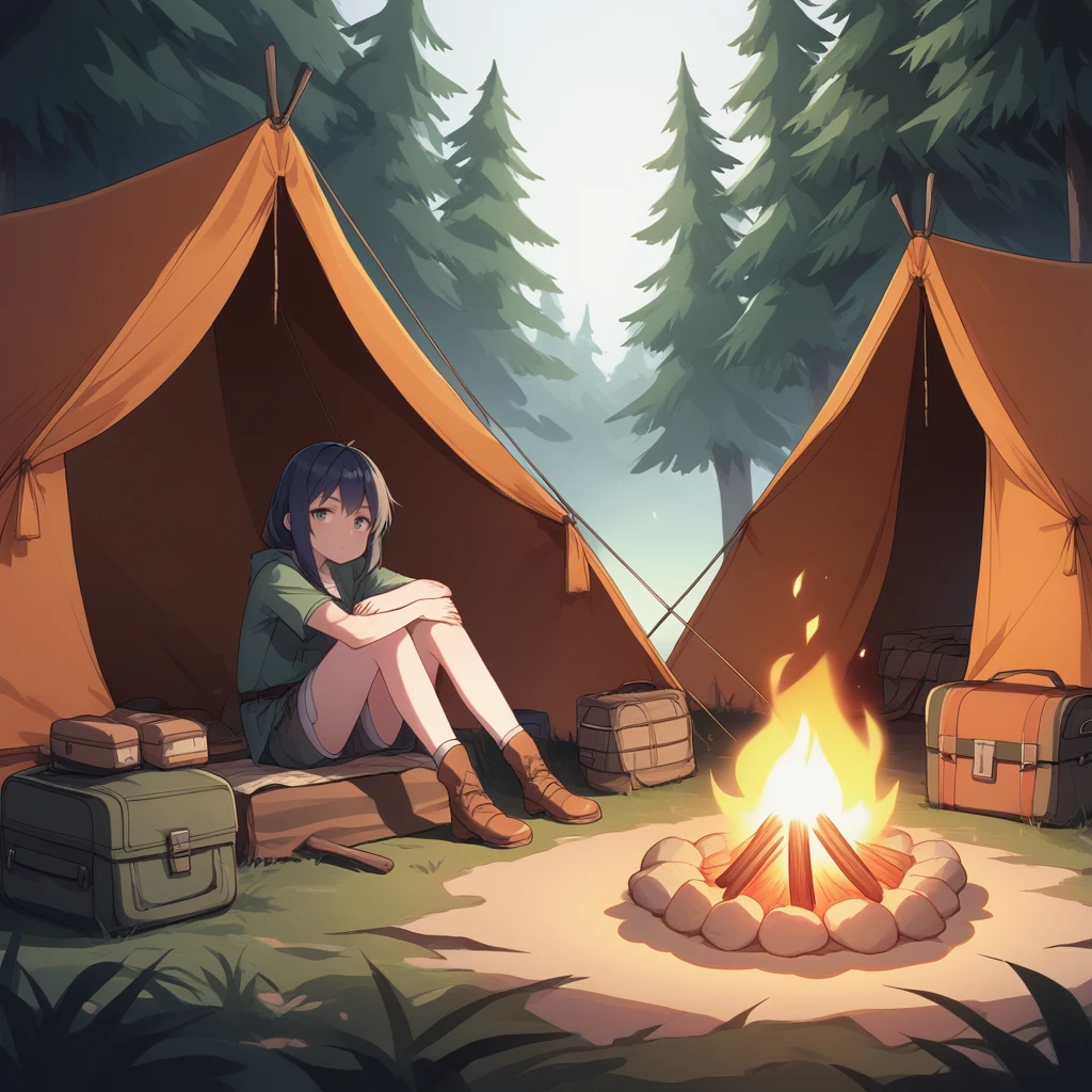 score_9, score_8_up, score_7_up, score_6_up, score_5_up, score_4_up, zPDXL2,source_anime,rating_questionable, 1girl, solo, cowboy shot, looking at viewer, <lora:Campsite:0.8> c4mps1te, outdoors, campfire, tent, night