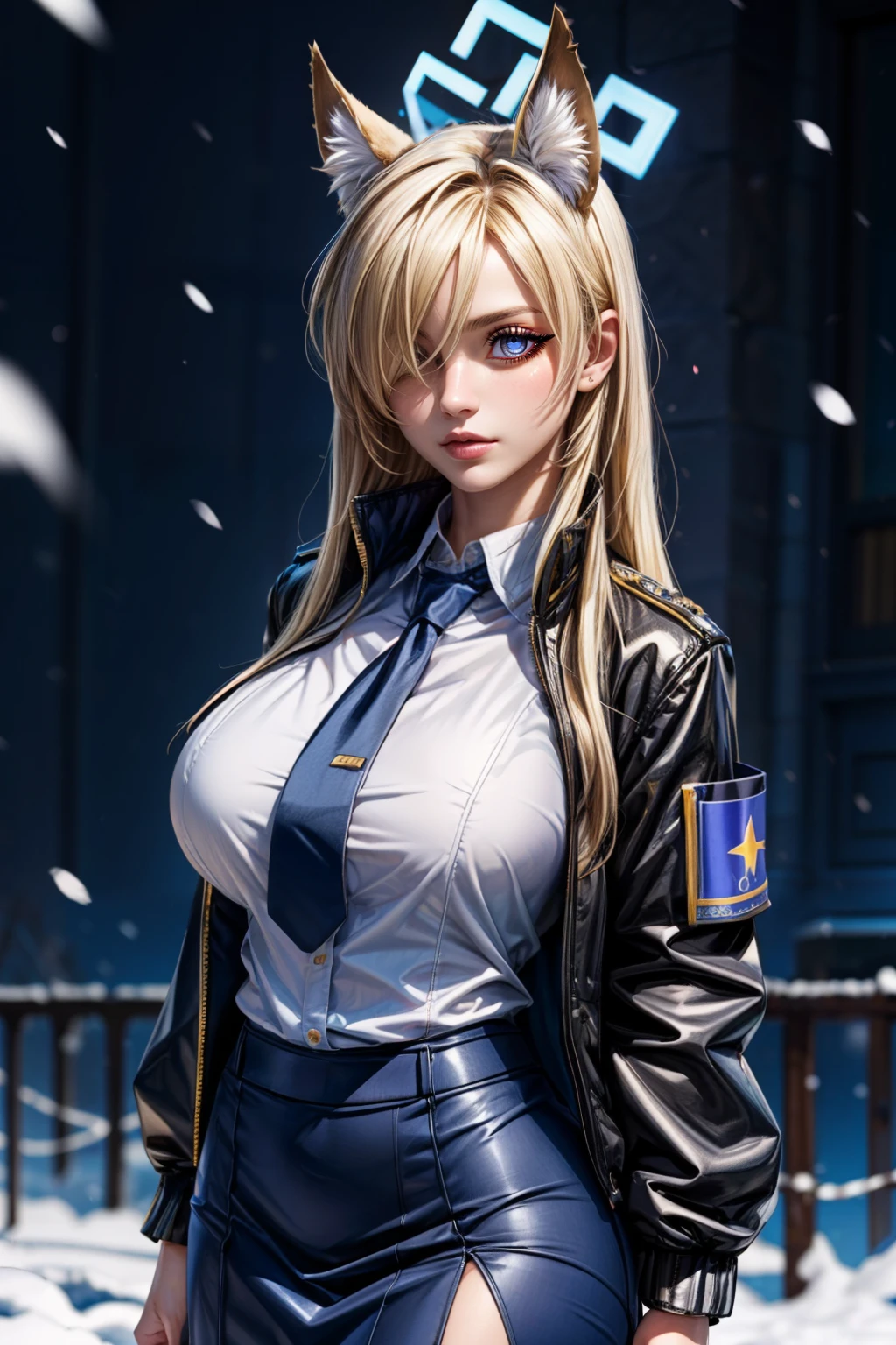 (ultra realistic,32k, masterpiece:1.2),(high detailed skin:1.1),( high quality:1.1), <lora:IllyasvielVonEinzbern_v1:0.7>, zzIllya, looking at viewer, night, outdoors, snowing, sky, BREAK,    <lora:Kanna_BlueArchive_Citron:0.7>, zzKanna, blonde hair, long hair, animal ears, blue halo, hair over one eye, blue eyes, breasts, large breasts, extra ears, dog ears black jacket, blue shirt, collared shirt, blue necktie, black pantyhose, blue skirt, armband,  ,BREAK,  blooming stars, luminescent petals, otherworldly fragrance blurry background, (looking at viewer, standing:1.1), huge breast, large breast, <lora:add_detail:0.92>, (glowwave:1.1),