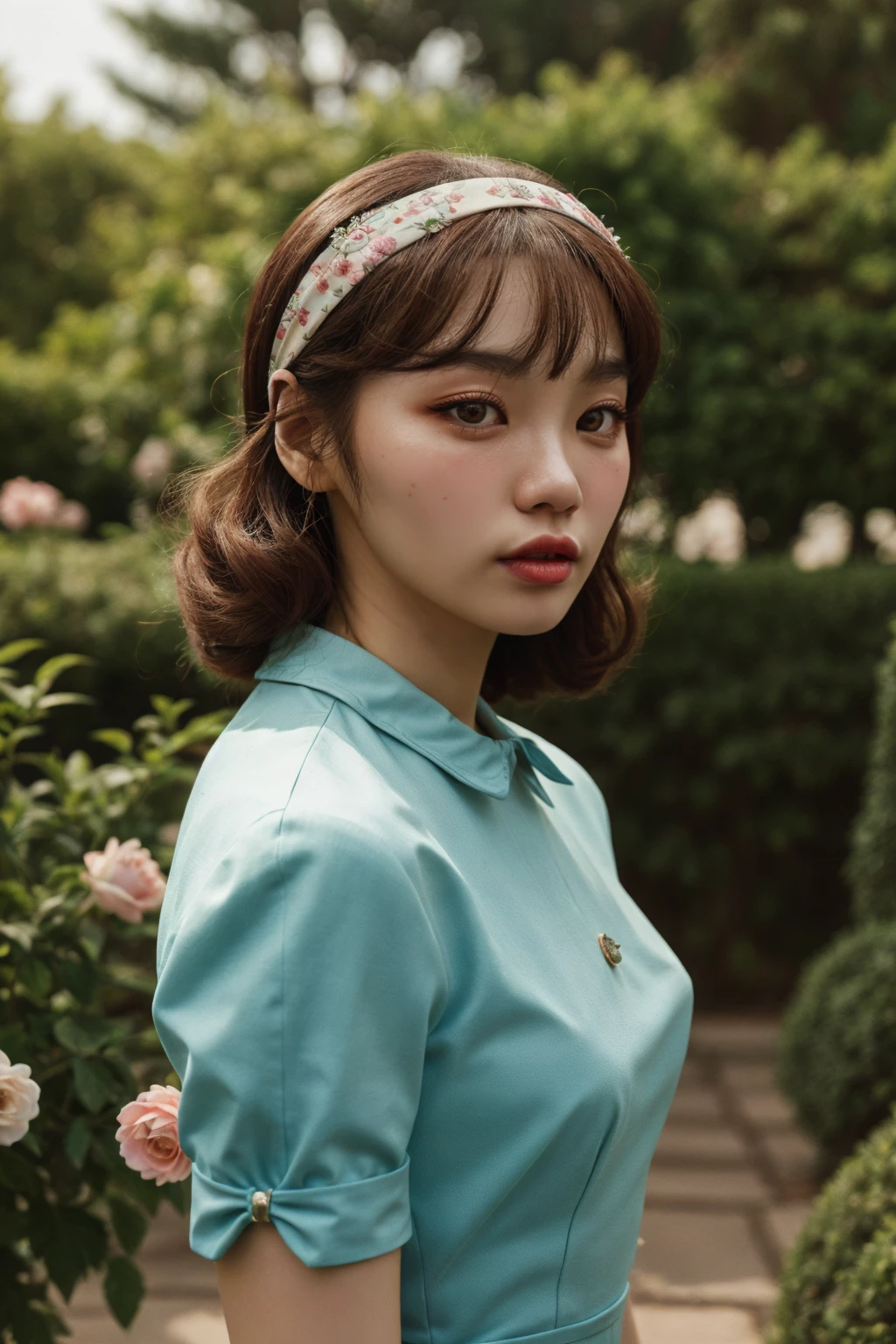 Editorial Photography, Photography, Portrait, DSLR, F/2.8, (High quality), (masterpiece), (portrait, from side),  8K, KimChaewon, [garden, plants, flowers, extremely detailed background]  (hairband, 1950's dress, retro outfit), posing, <lora:Chaewonv1-000010:0.95>  <lora:add_detail:0.45> <lora:style_lora_r51_update_out:0.35>