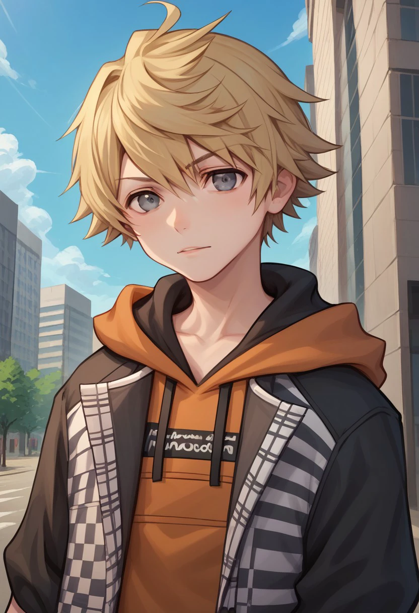 score_9, score_8_up, score_7_up, source_anime, highly detailed, 
rindokanade, solo, blonde hair, 1boy, male focus, hood, 
hoodie, orange hoodie,  jacket, looking at viewer, standing, hood down, grey eyes, upper body,
outdoor, sky, cloud, building, street