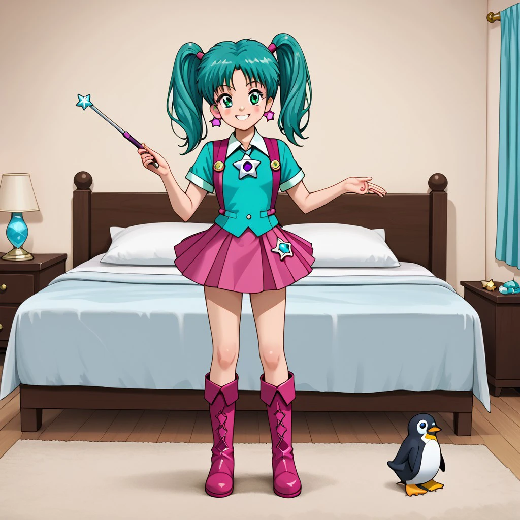 1girl, solo, Mint, green eyes, green hair, twintails, star (symbol), star earrings, jewelry, short sleeves, skirt, boots, knee boots, wand, smile, full body, standing, bedroom, penguin, front view