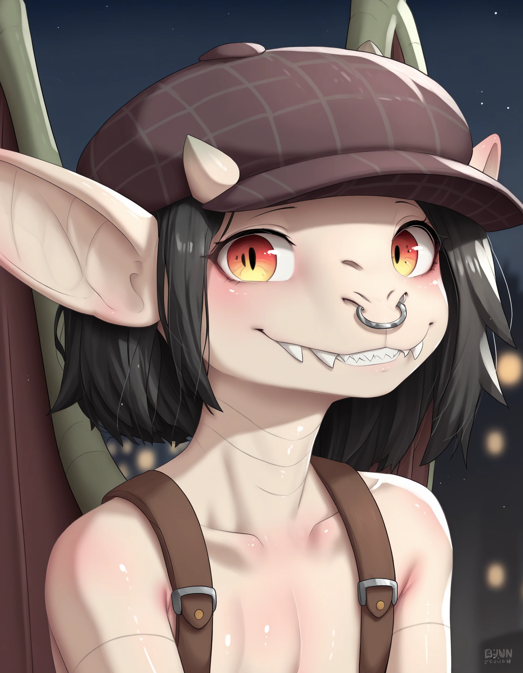 score_9, score_8_up, score_7_up, score_6_up, score_5_up, score_4_up, source_furry, source_safe, umn, ivy \(deadlock\), deadlock, valve, gargoyle, 4 fingers, anthro, big ears, black hair, clothed, facial piercing, fangs, female, fingers, hair, hat, headgear, headwear, horn, long ears, looking at viewer, nose piercing, nose ring, piercing, ring piercing, septum piercing, septum ring, sharp teeth, smile, solo, teeth, wings, detailed background, outside, city, night, dark background, detailed background, new york, tan body, (headshot portrait, portrait, close-up, face closeup:1.3), suspenders
 <lora:ivy-deadlock-v2_pdxl:1>