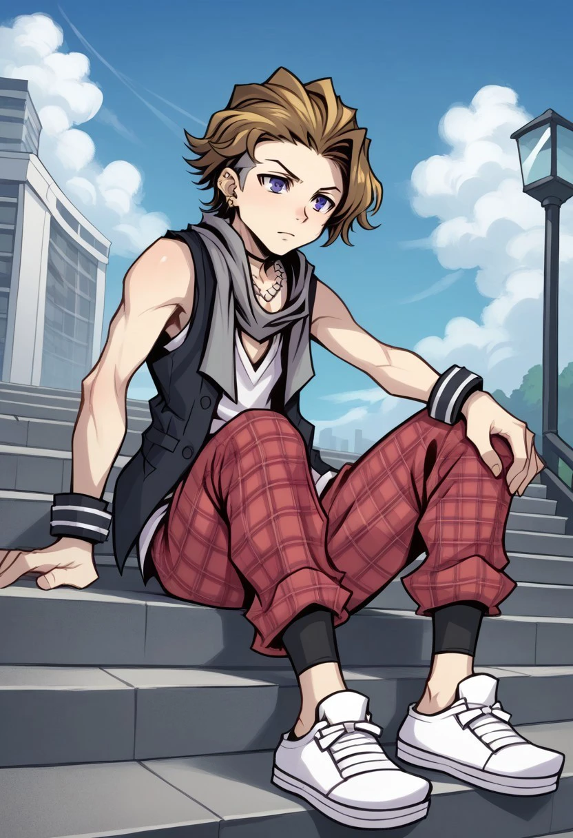 score_9, score_8_up, score_7_up, source_anime, highly detailed, 

tosaifret, 1boy, male focus, solo, brown hair, blonde hair, multicolored hair, purple eyes, earrings, piercing, ear piercing, scarf, vest, white shirt, sleeveless, jewelry, necklace, wristband, plaid, pants, plaid pants, sneakers, shoes, white footwear, 

outdoor, sky, cloud, stairs, sit,